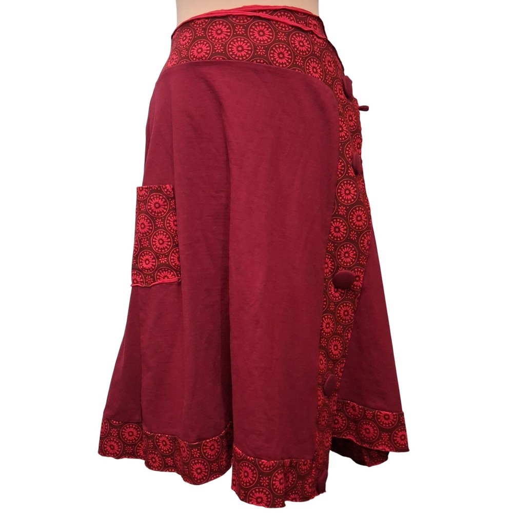 Za Zen Burgundy Red Mandala Print Wrap Skirt‎ Womens Large Boho Midi Side Pocket